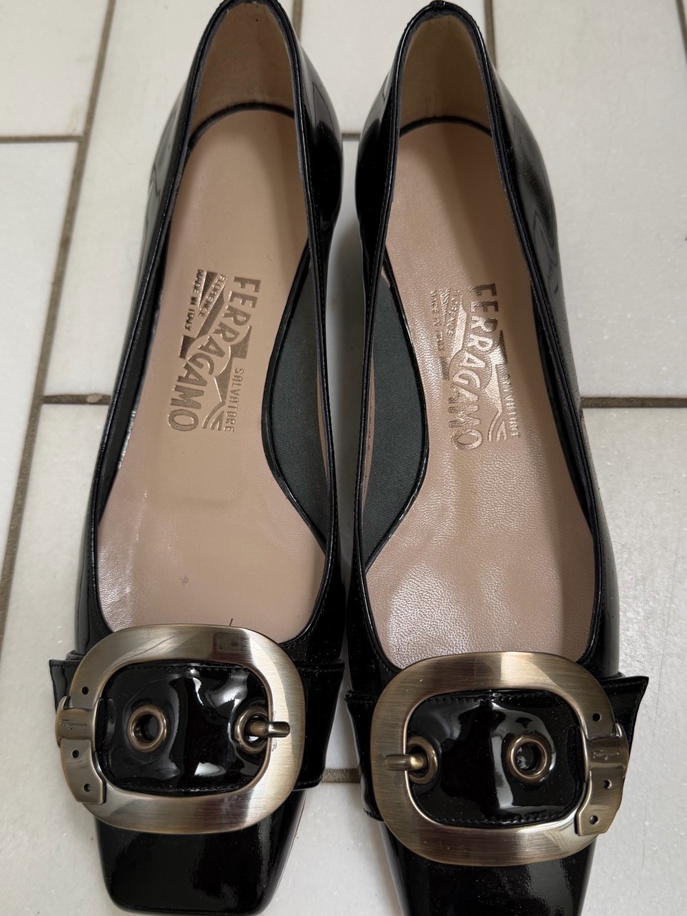 Ferregamo Black Patent Leather Flats with Silver Buckle